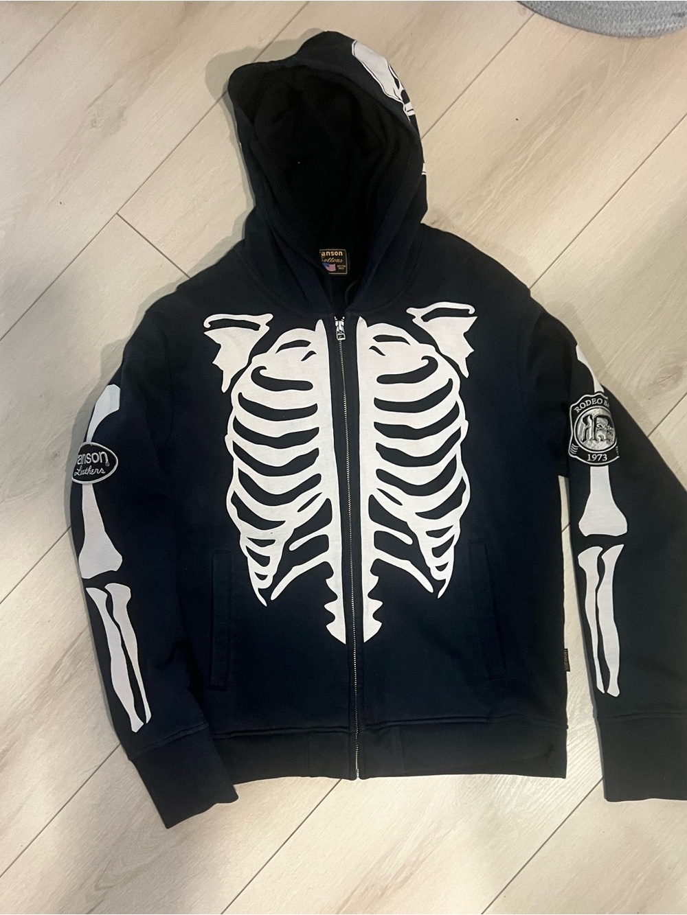 Vansone Leather Skeleton men zip up hoodie. Human bone stand collar Sz Large Blk